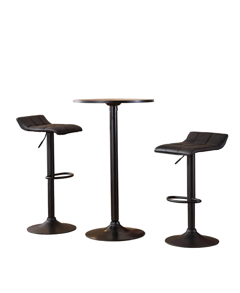 Simplie Fun Belham Black Round Metal Bar Table with 2 Swivel Bonded Leather Adj Stools