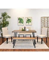 Amisos 6-Piece Dining Set Hairpin Table, 4 Chairs, Bench (Tan)