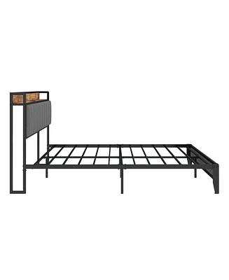 Simplie Fun Full Size Bed Frame with Charging Station, Upholstered Headboard, Metal Platform, Grey