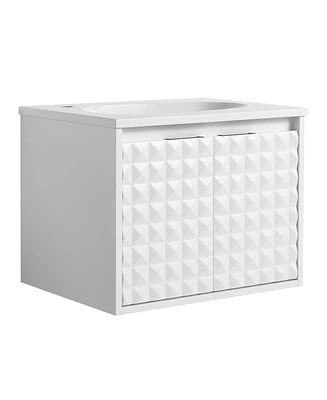 Sleek White Diamond-Pattern Vanity with Drop-Shaped Resin Sink and Metal Handles