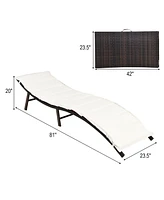 Gymax Set of 2 Folding Wicker Chaise Portable Lounge Chair w/ Double Sided Cushion