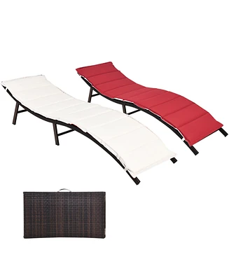 Gymax Set of 2 Folding Wicker Chaise Portable Lounge Chair w/ Double Sided Cushion