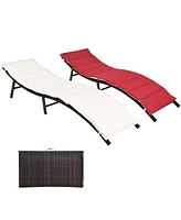 Gymax Set of 2 Folding Wicker Chaise Portable Lounge Chair w/ Double Sided Cushion