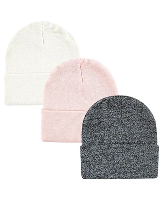 Hudson Baby Unisex Infant Toddler Knit Cuffed Beanie 3pk, Pink White, Infant Toddler