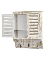 Slickblue White Washed Wall Cabinet with Hooks - Rustic Storage for Entryway or Bathroom