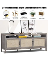 Gymax Tv Stand Entertainment Media Center for Tv's up to 65'' w/ Rattan Doors Grey Oak