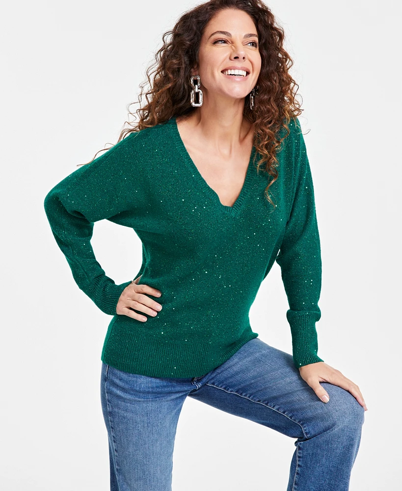I.n.c. International Concepts Women's Sequin-Shine V-Neck Sweater
