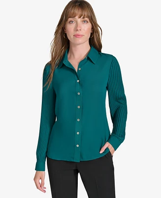 Tommy Hilfiger's Women's Pleated Long Sleeve Button Down