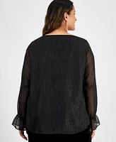 Kasper Plus Split-Front Metallic-Threaded Sheer-Sleeve Top