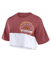 Fanatics Women's Burgundy/White Washington Commanders Boxy Color Split Cropped T-Shirt