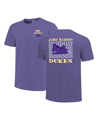 Image One Women's Purple James Madison Dukes Comfort Colors Checkered Mascot T-Shirt