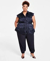 Nina Parker Trendy Plus Size Utility Vest Ribbed Tank Top Mixed Media Jogger Pants