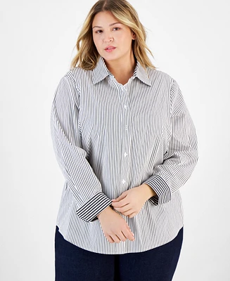 Anne Klein Plus Cotton Striped Long-Sleeve Blouse