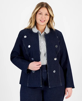 Anne Klein Plus Size Open-Front Collarless Denim Jacket