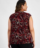 Kasper Plus Size Printed Cowl-Neck Cap-Sleeve Top