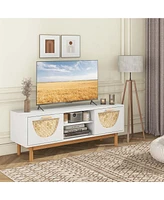 Costway Tv Stand for 55-Inch TVs with 2 Drawers & Woven Fronts Solid Wood Legs