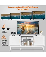 Gymax Tv Stand Entertainment Media Console w/ 2 Rattan Cabinets & Open Shelves