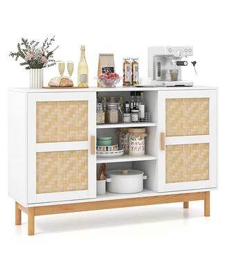 Costway 48" Sideboard Buffet Cabinet with 2 Bamboo Woven Doors 3 Open Shelves for Kitchen