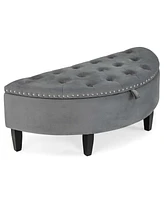 Costway Upholstered Storage Bench Half Moon Ottoman with Hidden Storage Space Wooden Legs