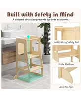 Costway Toddler 3-in-1 Foldable Kitchen Standing Tower with Chalkboard Weaning Table