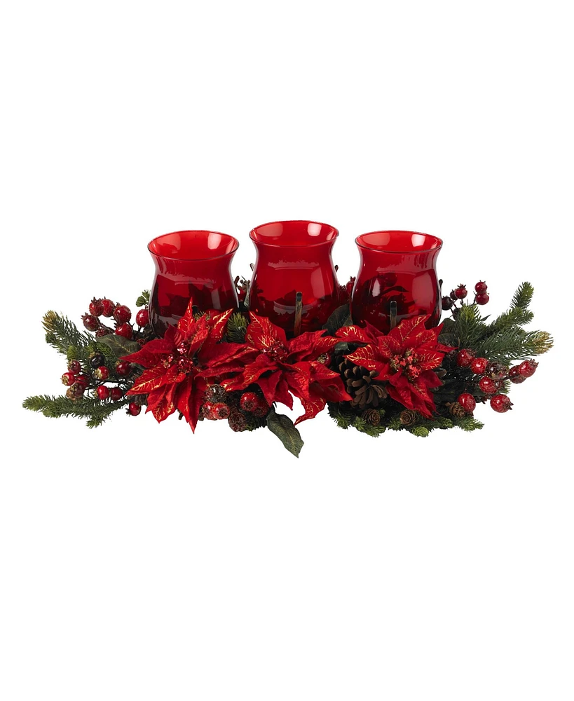 Slickblue Poinsettia & Berry Triple Candelabrum - Festive Holiday Table Decor