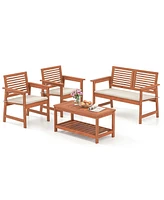 Costway 4 Pcs Patio Conversation Set with Soft Seat Cushions 2-Tier Rectangle Coffee Table