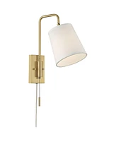 Luca Mid Century Modern Indoor Swing Arm Wall Mounted Lamp Brass Finish Metal Plug-In Light Fixture Fabric Shade for Bedroom Bedside House Reading Liv