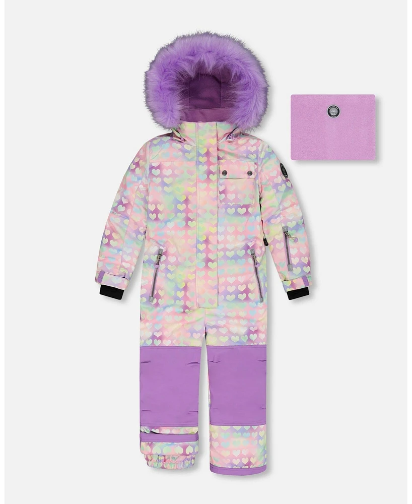 Deux par Big Girls One Piece Snowsuit Lilac Printed Hearts