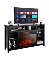 Gymax 58'' Fireplace Tv Stand Entertainment Console w/ Spacious Tabletop & Shelves