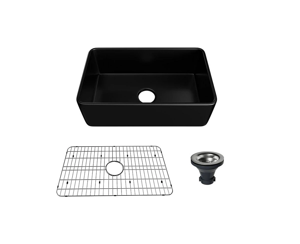 Casainc Fireclay 30" Farmhouse Apron Kitchen Sink with Grid and Strainers