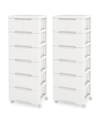 Costway 2 Pcs 7-Drawer Plastic Rolling Storage Cart with 4 Universal Wheels Dresser Cabinet