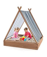 Costway Wooden Sandbox with Canopy Tent Design Fir Wood Frame 2 Bench Seats Bottom