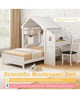 Twin House Bed with Desk & Chair with 2 Drawers Windmill Fence & Headboard for Teens