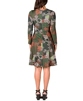 24seven Comfort Apparel Women's Green Paisley Print Long Sleeve Knee Length Dress