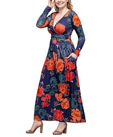 24seven Comfort Apparel Women's Navy Floral Print Long Sleeve Side Slit Maxi Dress