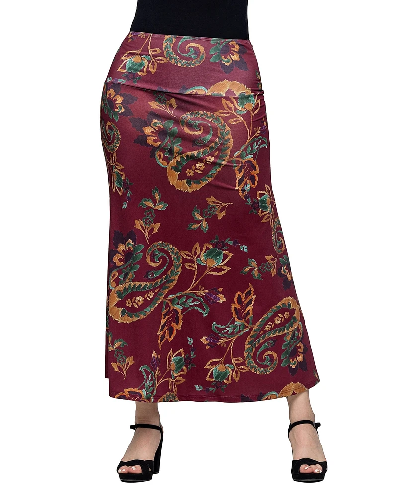 24seven Comfort Apparel Women's Wine Print Elastic Waist A Line Maxi Skirt