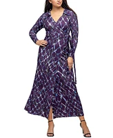 24seven Comfort Apparel Women's Purple Print Collared Wrap Maxi Dress