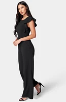 Bebe Women's Scuba Crepe Jumpsuit With Ruffle Sleeve