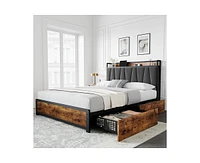 gaomon Bed Frame, Storage Headboard with Charging Station, Platform Metal Frame 4 Drawers, No Box Spring Needed, Noise Free, Easy Ass