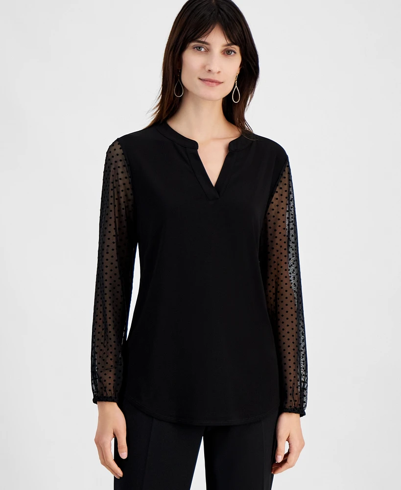 Kasper Women's Sheer-Sleeve Split-Neck Knit Top