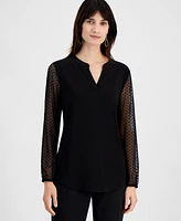 Kasper Women's Sheer-Sleeve Split-Neck Knit Top