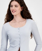 Just Polly Juniors' Ribbed Long Sleeve Button-Up Top