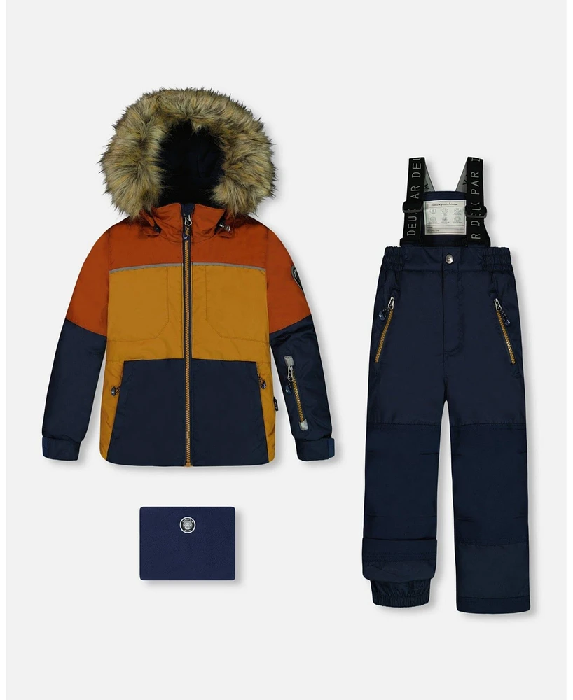 Two Piece Snowsuit Colorblock Burnt Orange, Brown And Navy