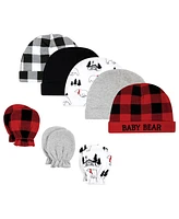 Hudson Baby Baby Boys Unisex Baby Cotton Cap and Scratch Mitten Set, Buffalo Plaid Bear, 0-6 Months