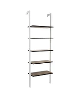 Gymax 5-Tier Ladder Shelf Wood Wall Mounted Display Bookshelf Metal Frame Brown & White