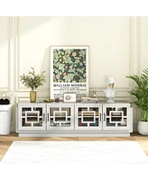 Gymax 4-Door Glass Entertainment Center Farmhouse Tv Stand for TVs up to 75'' Oak White