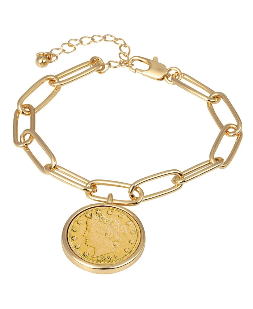 American Coin Treasures 16460 Gold Layered Liberty Nickel Coin Goldtone Elongated Link Bracelet