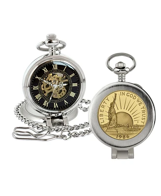 American Coin Treasures 16280 Gold-Layered Statue of Liberty Commemorative Half Dollar Coin Pocket Watch with Skeleton Movement, Black Dial with Gold