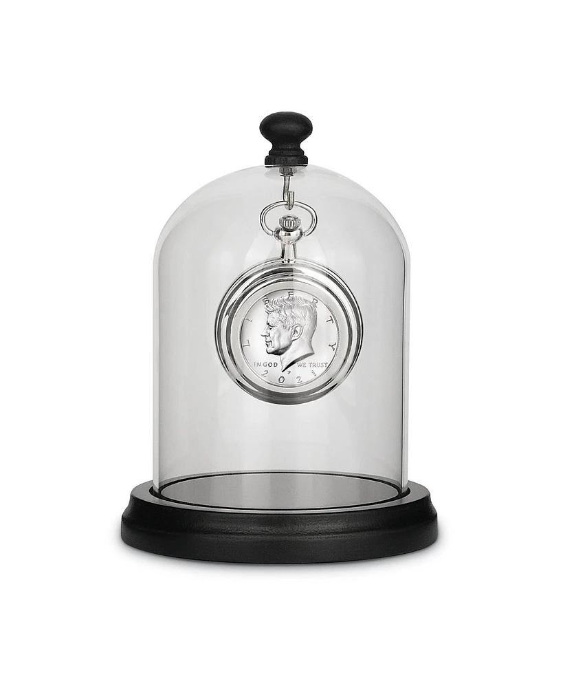 American Coin Treasures 17137 14 in. Glassed Dome with Pine Wood Base & Jfk Half Dollar Coin Pocket Watch Tabletop Decor, Silver