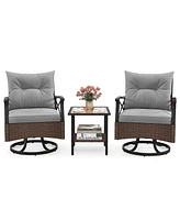 Costway 3 Pcs Patio Swivel Rocker Set with 2-Tier Coffee Table & Cozy Seat Back Cushions